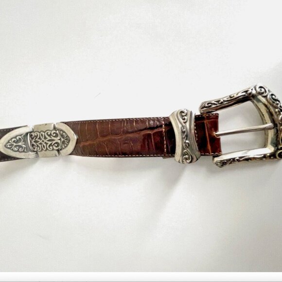 BRIGHTON Brown Pressed croc Leather belt with Silver hardware Size M - Picture 10 of 16